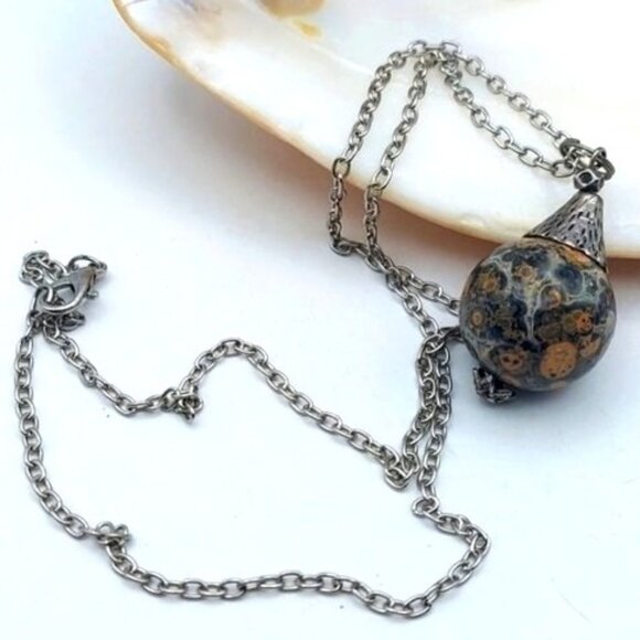 Leopard Skin Jasper Jaguar Stone Pendant Silver Tone 20" Necklace Boho - Picture 1 of 4